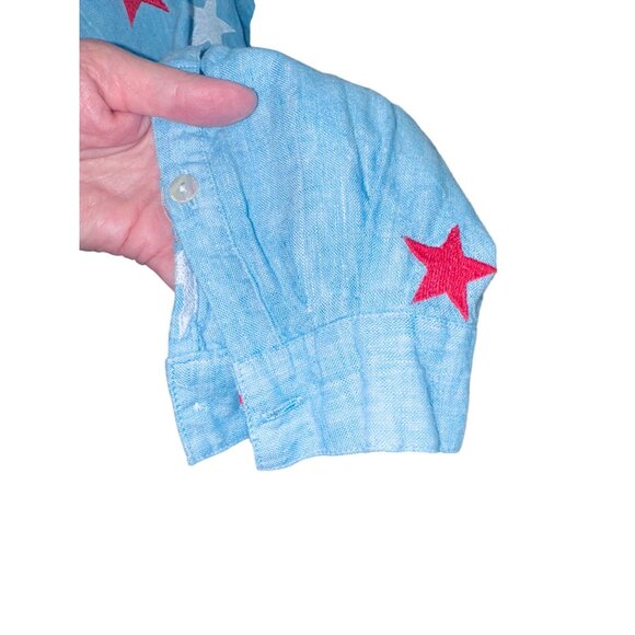 John Mark Sky Blue Embroidered Star Linen Patriotic USA Button Up Top Money - Picture 9 of 9